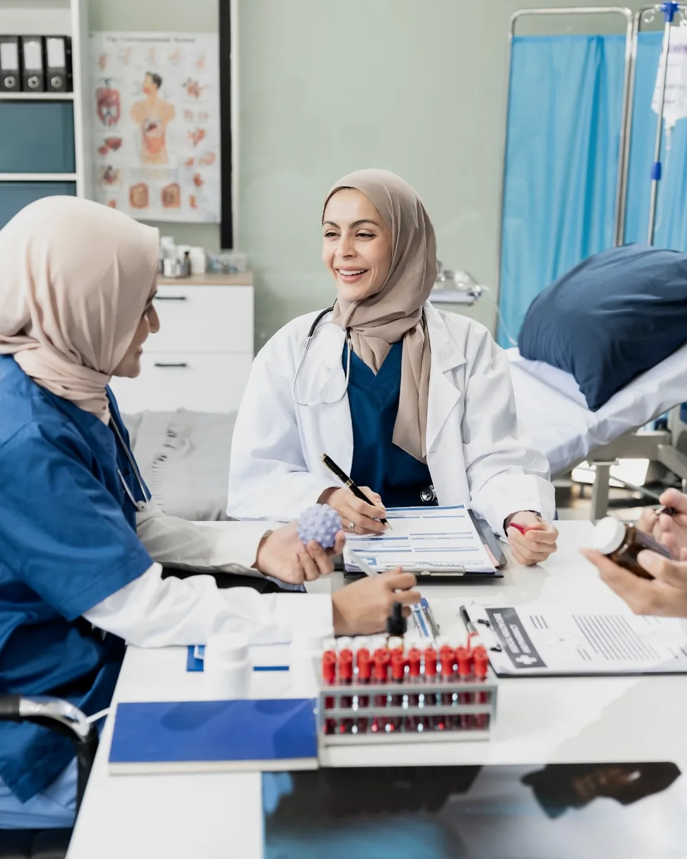 Medical team discussing clinical evidence